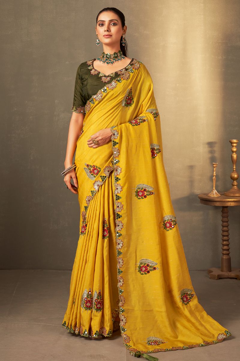 Yellow Color Pure Silk Embroidery Partywear Heavy Saree