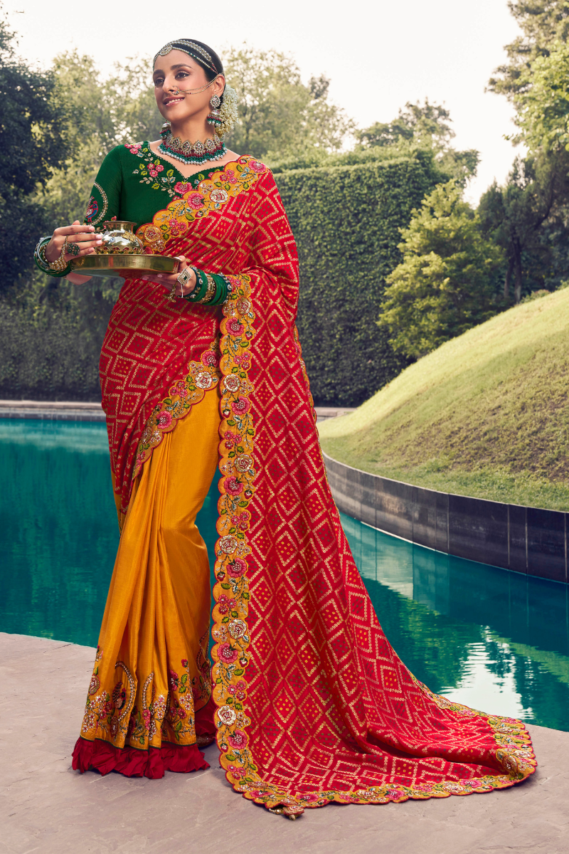 Red & Green Color silk Embroidery Partywear Heavy Saree