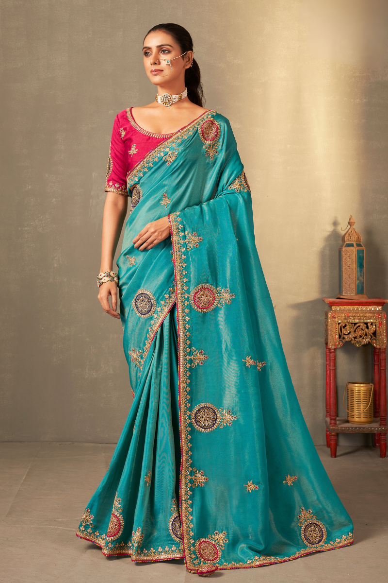 Turquoise & Red Color silk Embroidery Partywear Heavy Saree