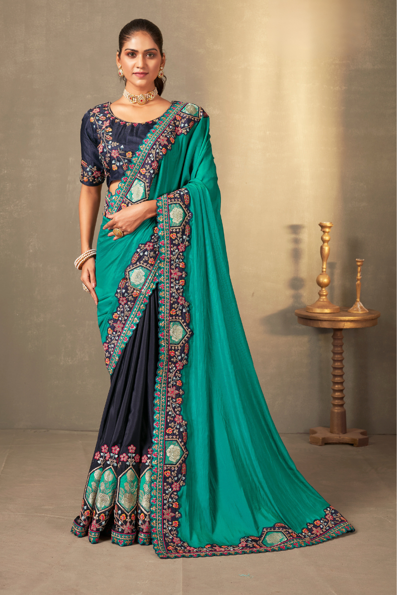 Blue Color silk Embroidery Partywear Heavy Saree