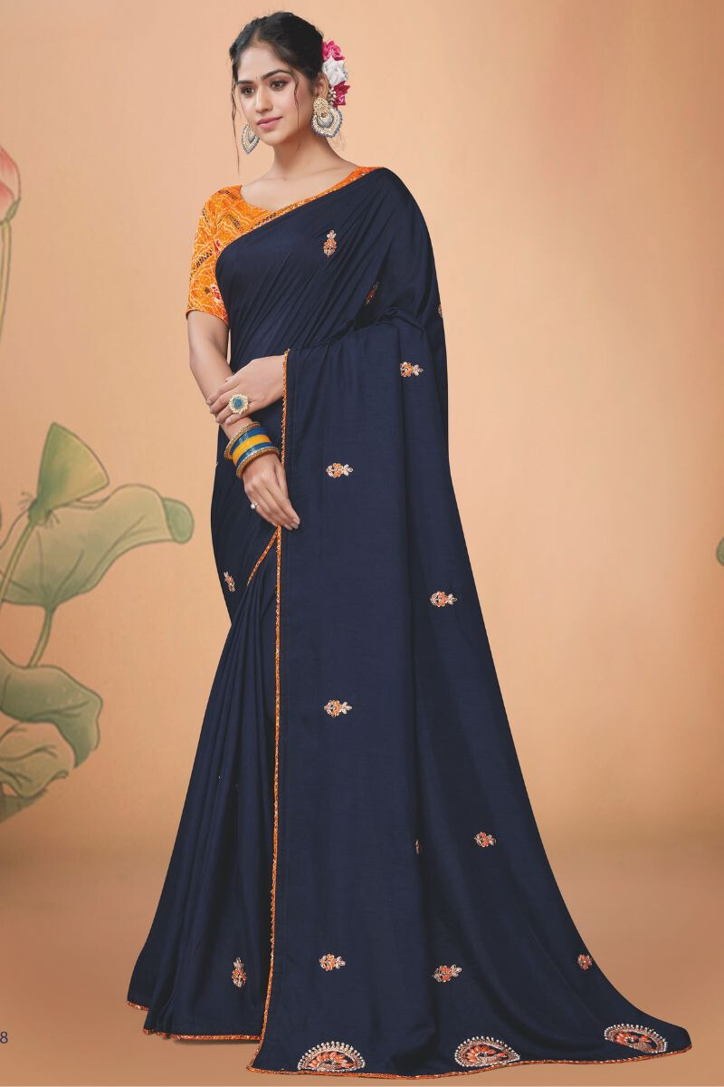 Blue Color Silk Embroidery Partywear Heavy Saree