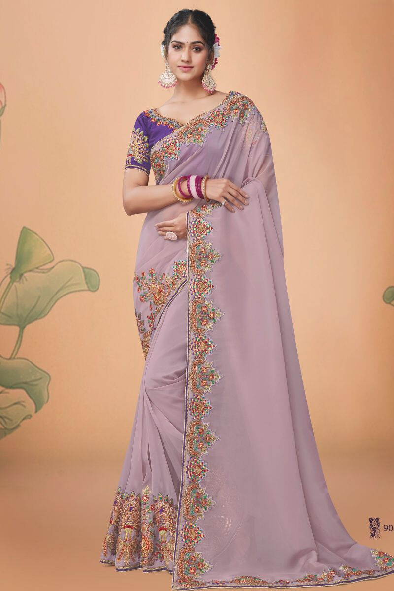 Purple Color Organza Embroidery Partywear Heavy Saree