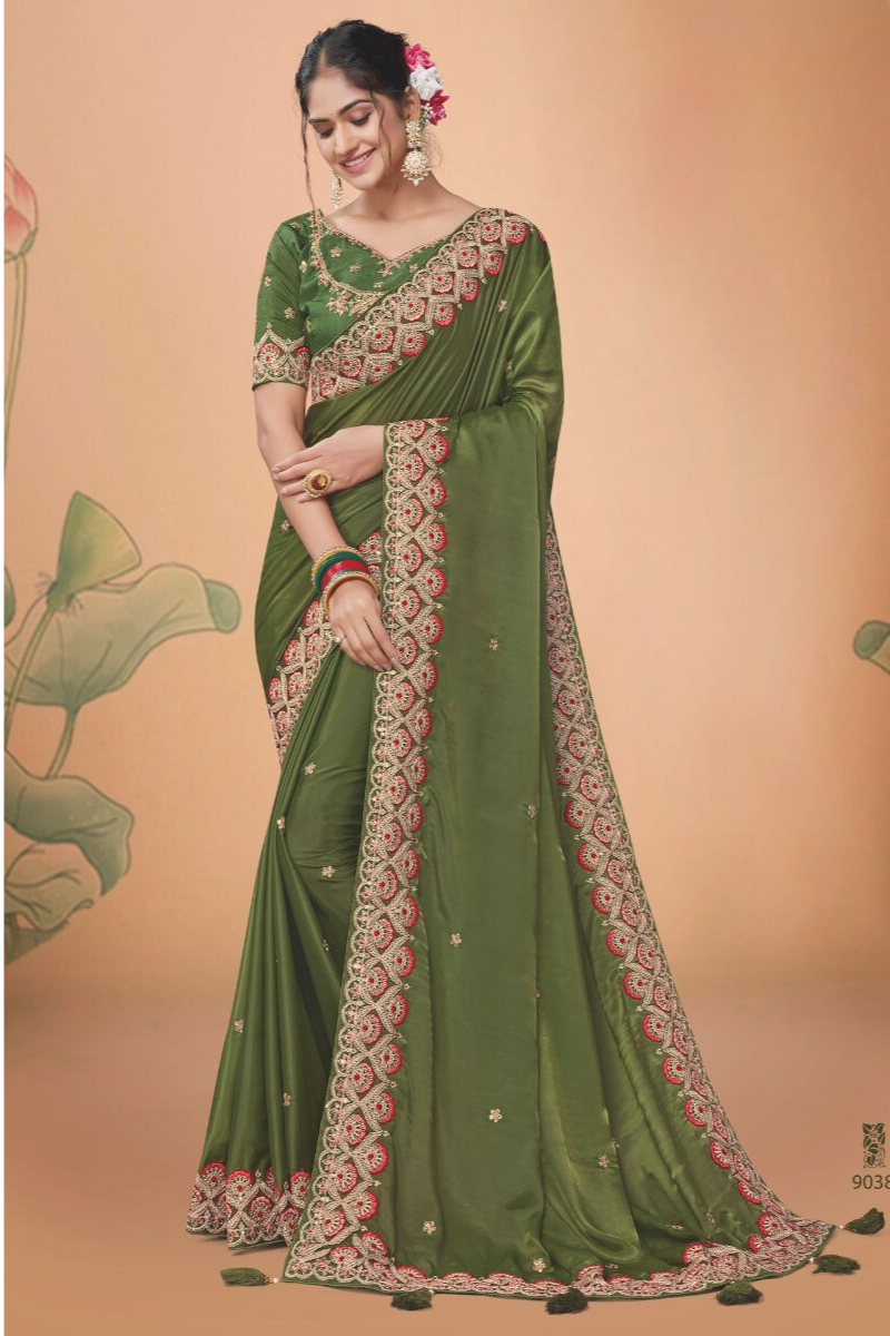 Green Color silk Embroidery Partywear Heavy Saree