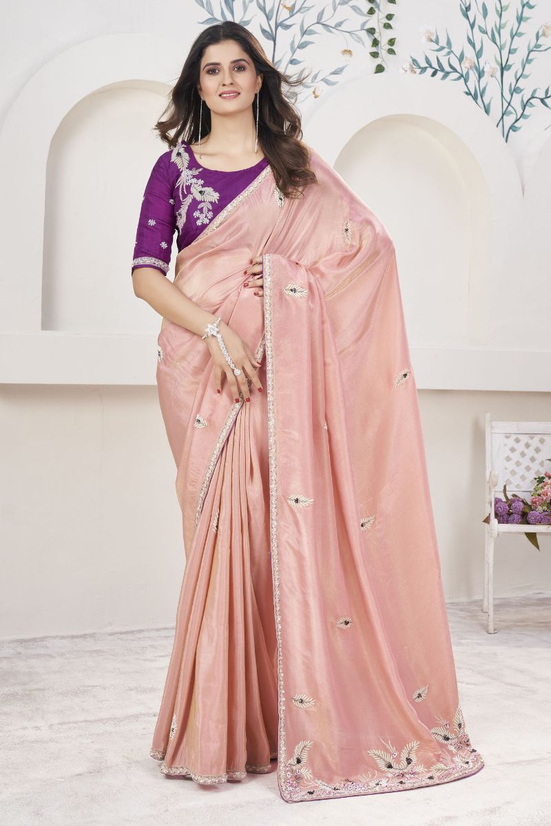 Voilet & Peach Georgette Tissue Handwork Pearl Cutdana Partywear Saree