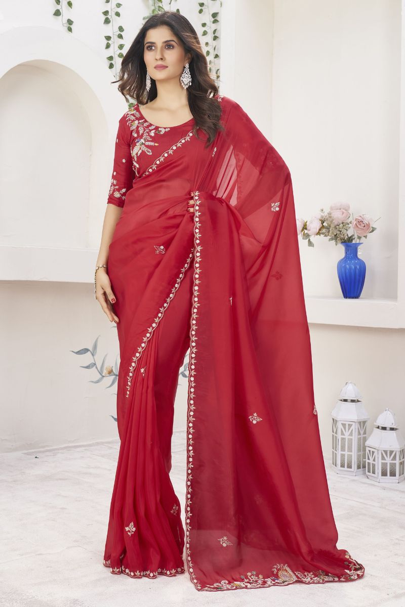 Red H.O Silk Zardosi Work Unstiched Partywear Saree