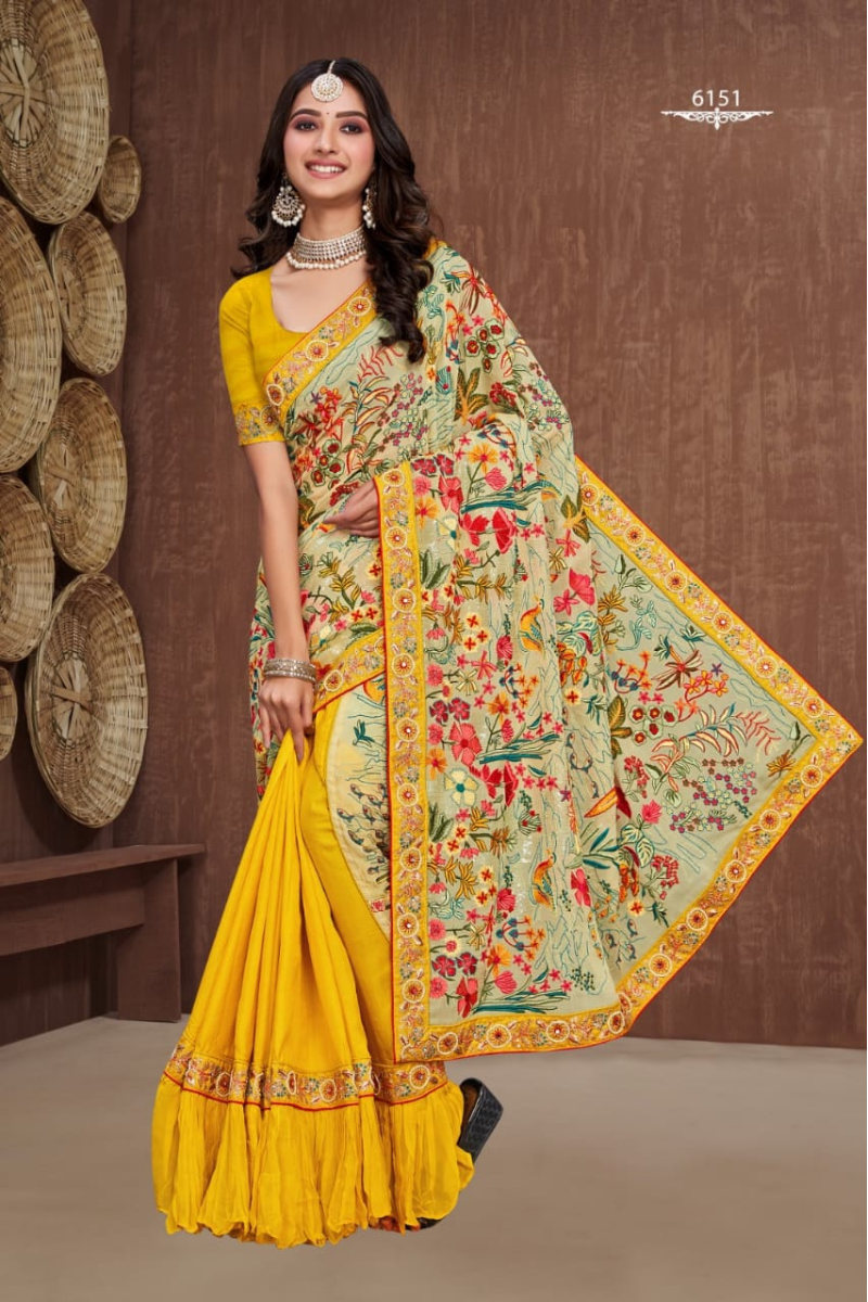 Yellow Heavy Embroidery Designer Georgette Pallu Dola Skirt Saree comes with Matching Blouse 