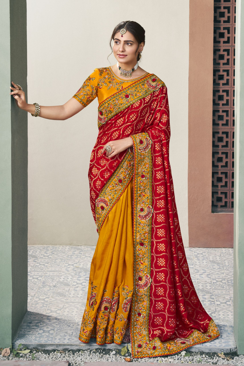 Yellow Pure Dola Embroidery Designer Saree comes with Red Pallu and Designer Dupion Blouse