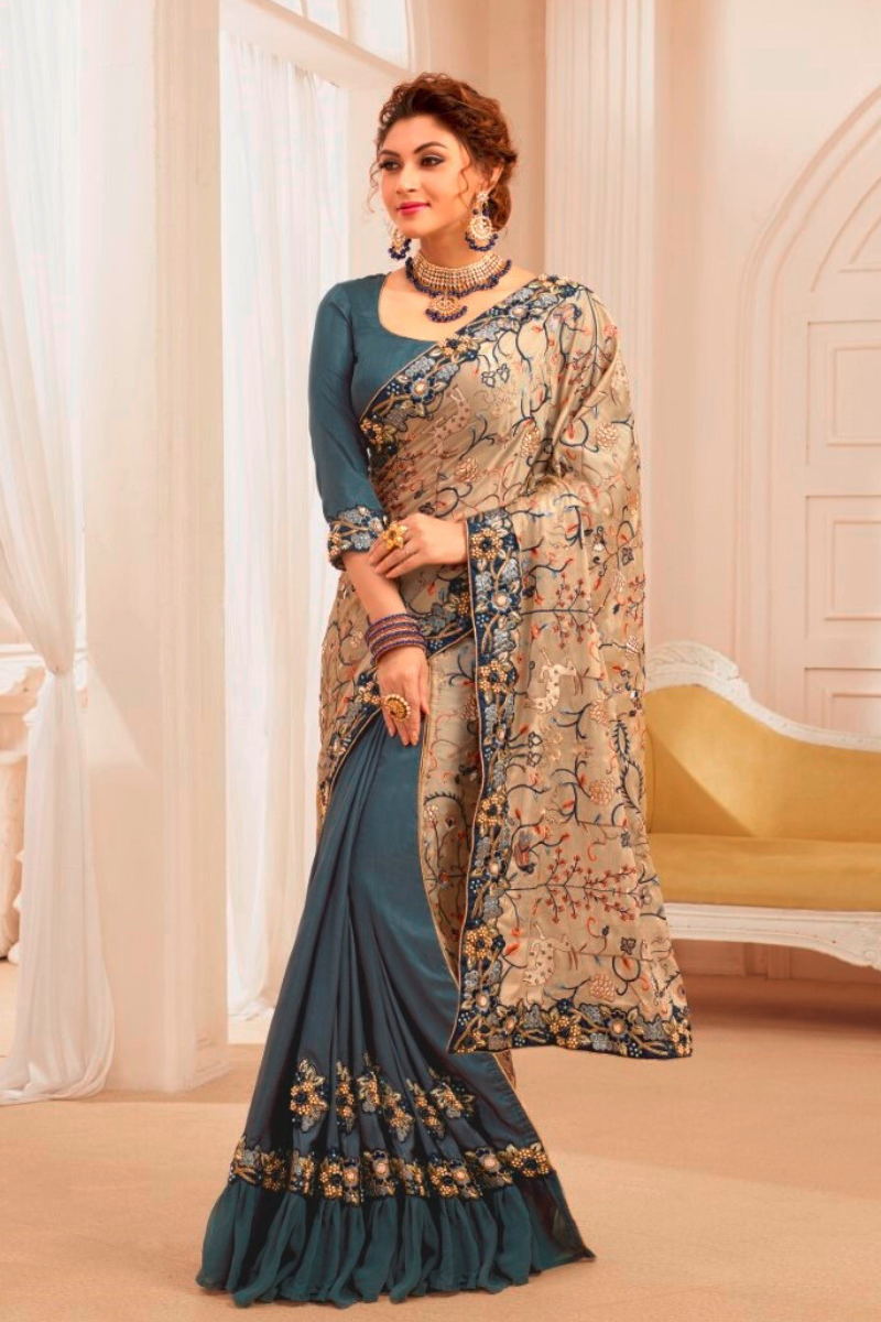 Grey Half and Half Georgette Designer embroidered Saree comes with  Beautiful Blouse