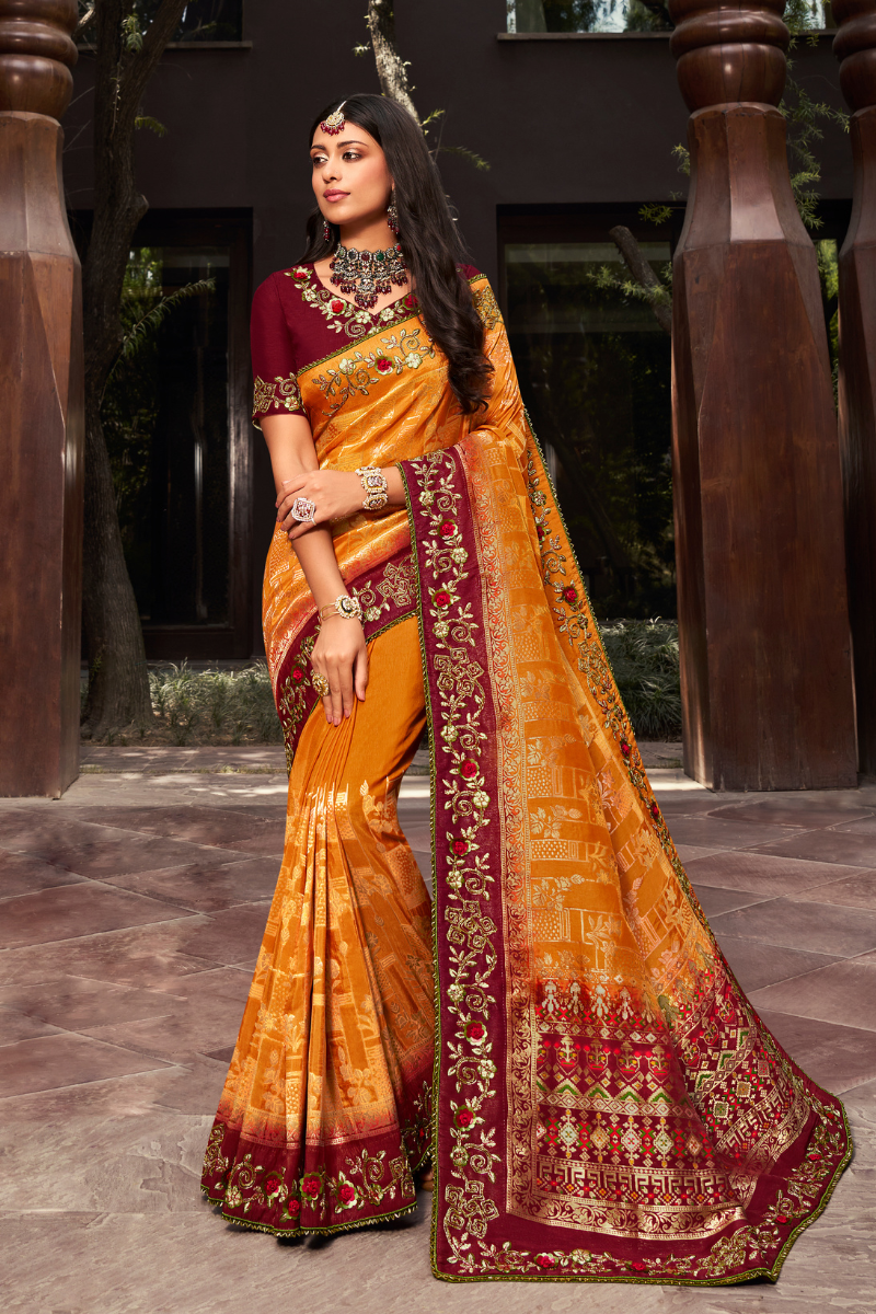 Yellow Maroon Banarsi Silk Heavy Embroidery Saree Comes with Beautiful Matching Blouse