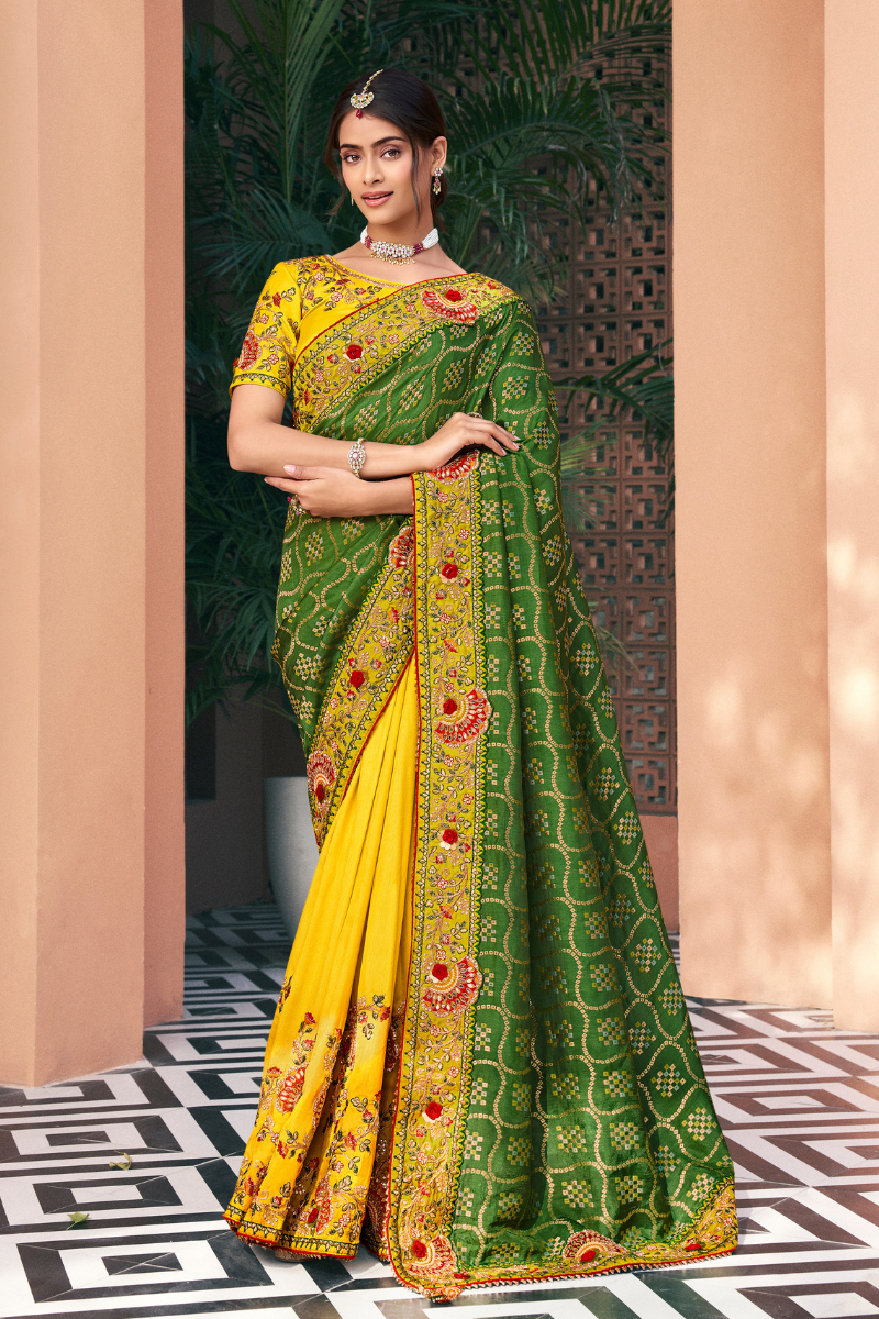  Yellow Green Pure Dola Embroidery Designer Saree comes with Green Pallu and Designer Dupion Blouse