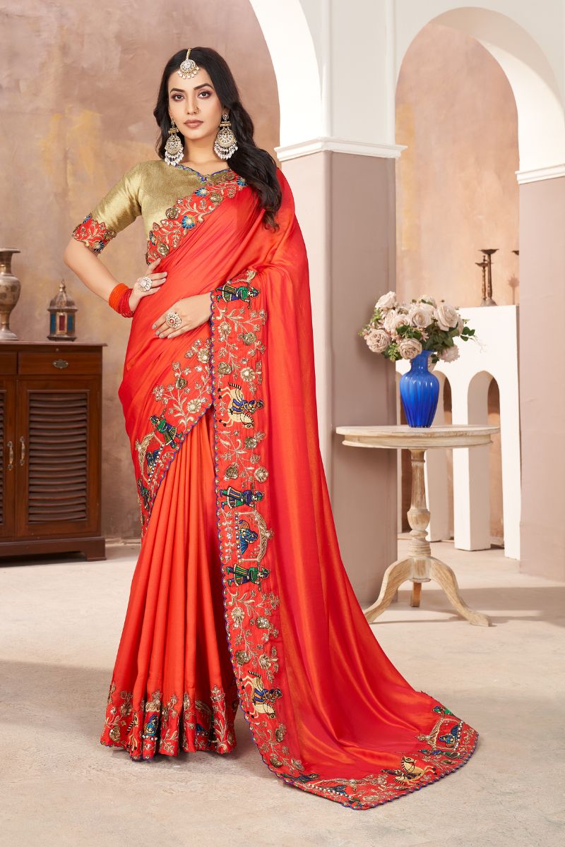 Orange Barfi Satin Heavy Embroidery Partywear Saree