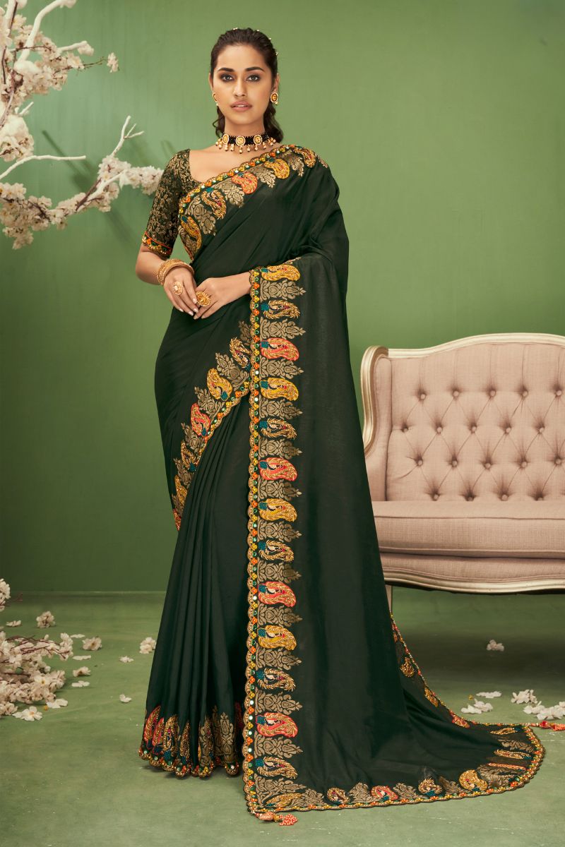 Black Pure Silk  Partywear Embroidered Saree