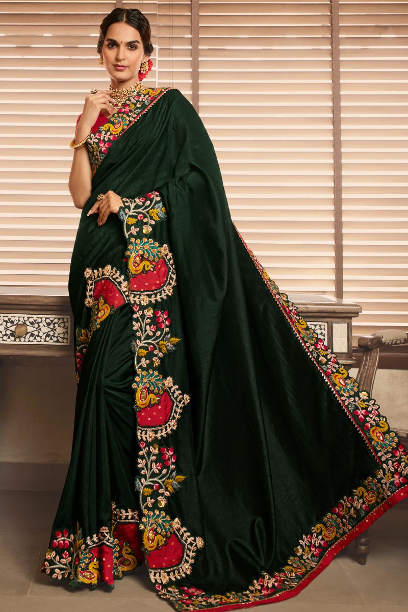 Green & Red Silk  Partywear Embroidered Saree