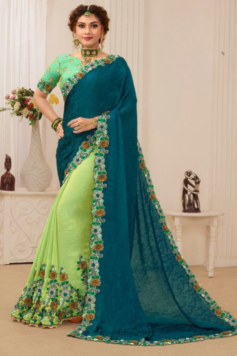 Blue & Green Silk  Partywear Embroidered Saree