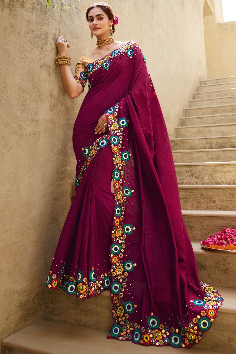 Wine Silk  Partywear Embroidered Saree