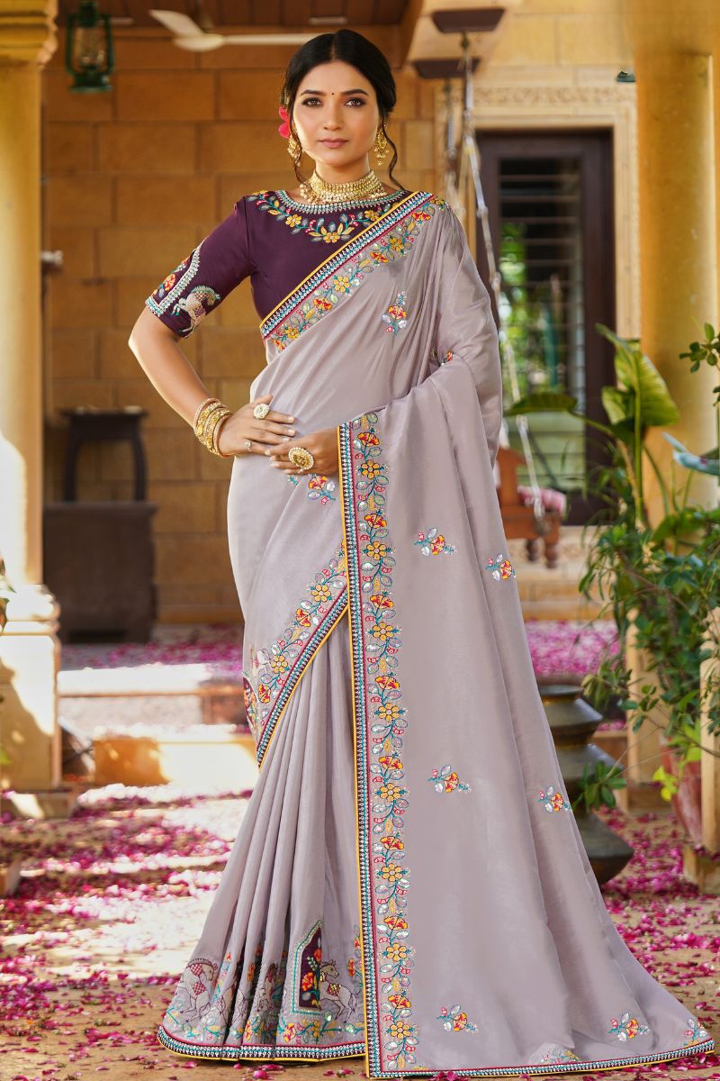 Violet Silk  Partywear Embroidered Saree