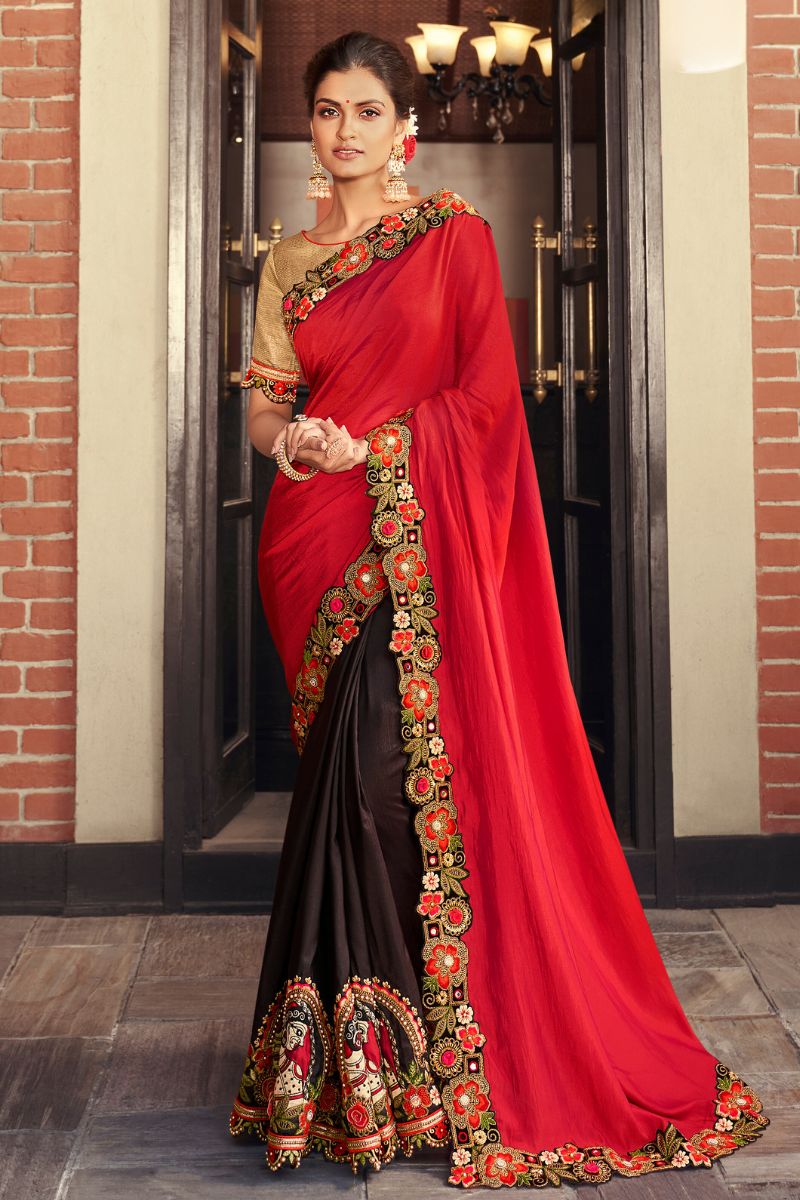 Red & Gold Silk  Partywear Embroidered Saree