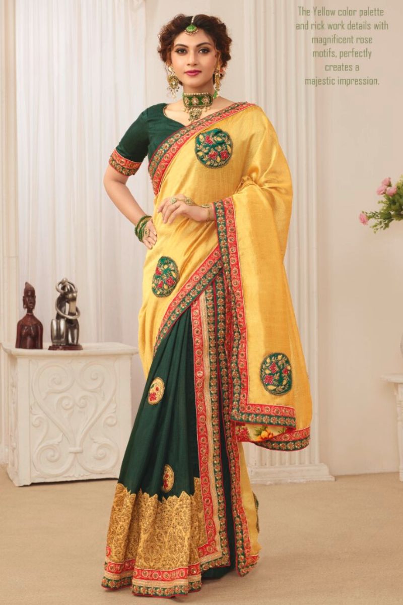 Yellow & Green Silk Partywear Embroidered Saree