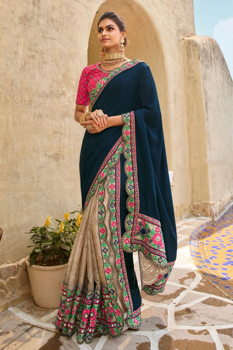 Blue & Pink Silk  Partywear Embroidered Saree