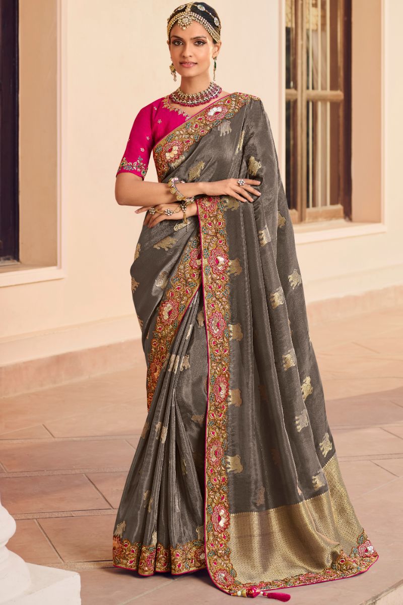 Grey & Pink Pure Silk  Partywear Embroidered Saree