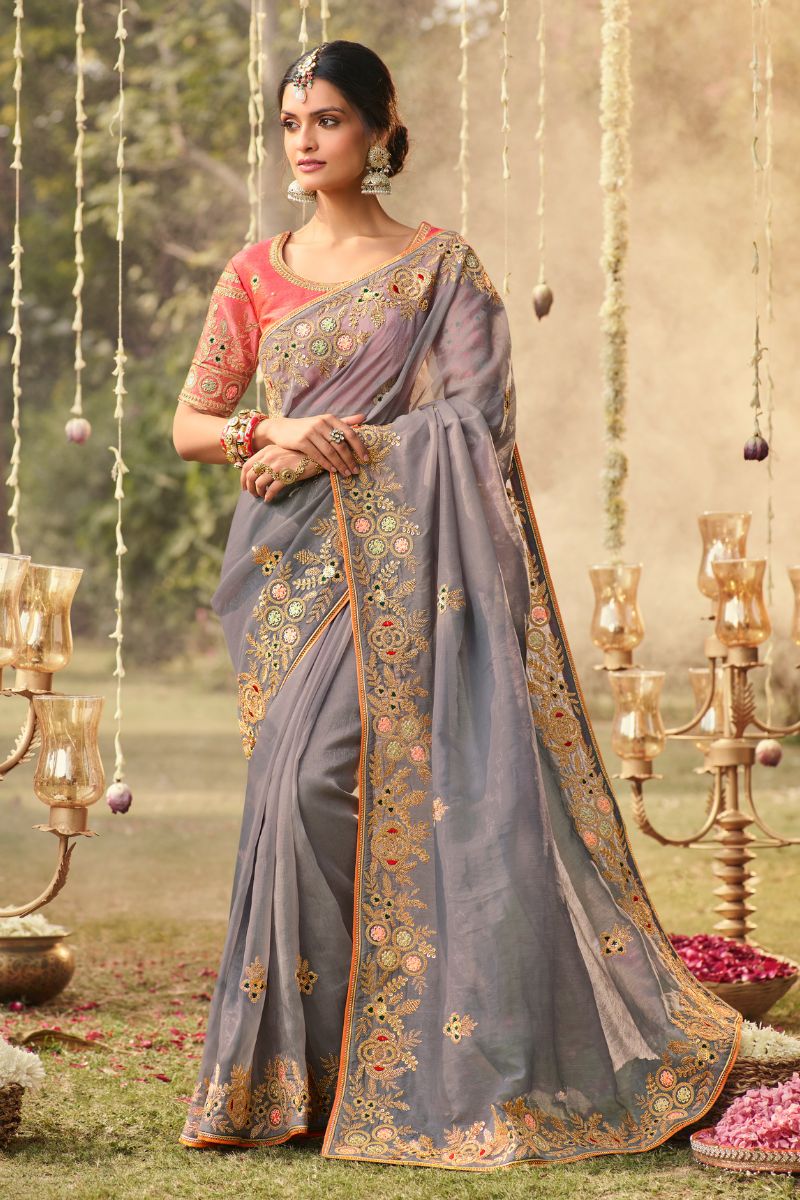 Grey Organza  Partywear Embroidered Saree