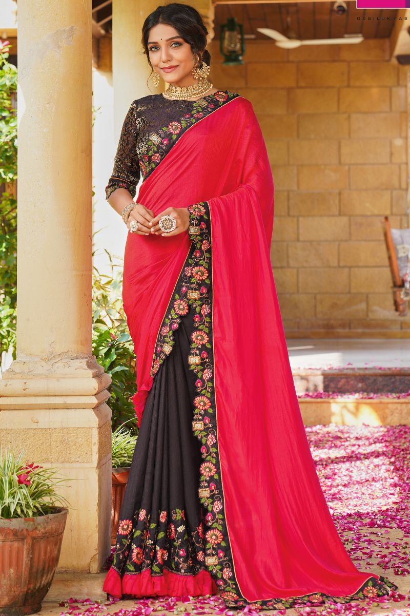 Pink & Black Silk  Partywear Embroidered Saree