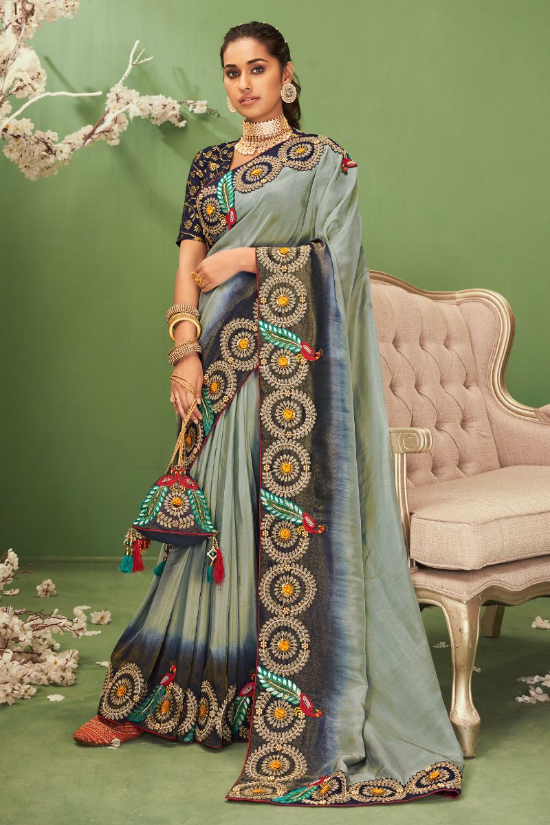 Blue Pure Silk Partywear Embroidered Saree