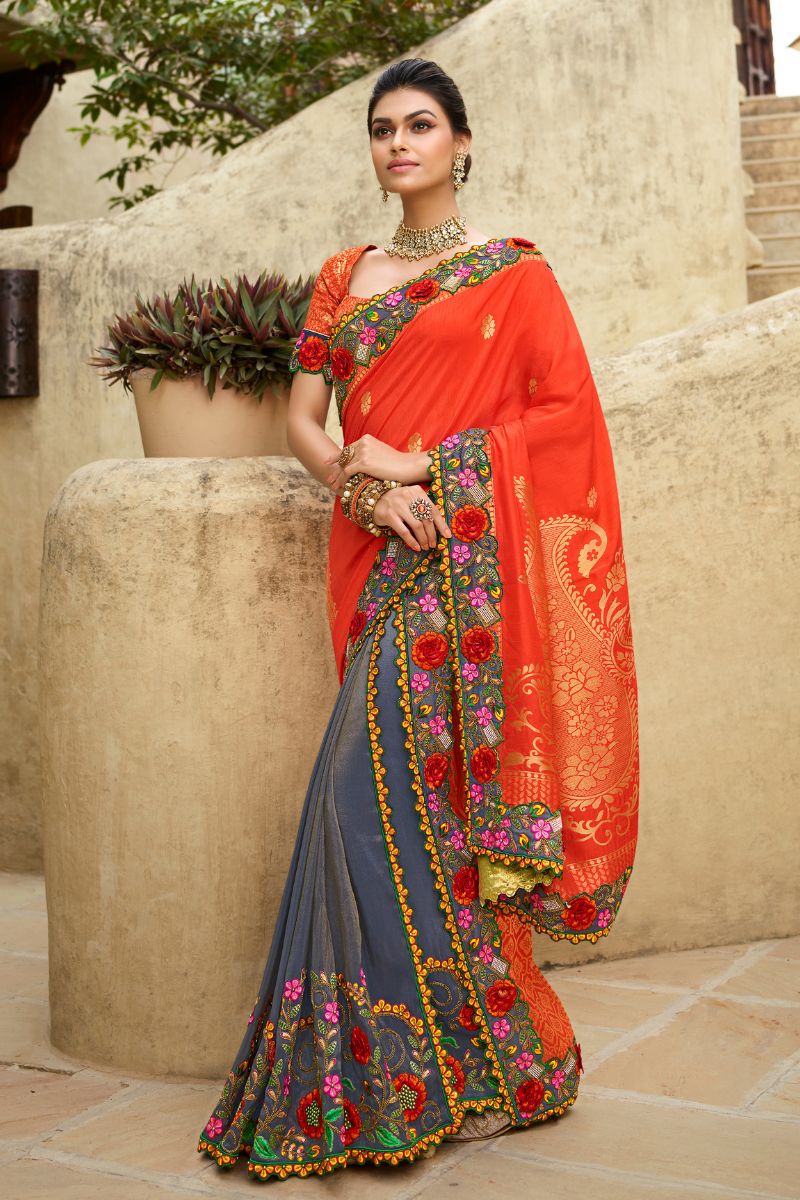 Orange & Grey Pure Silk Partywear Embroidered Saree