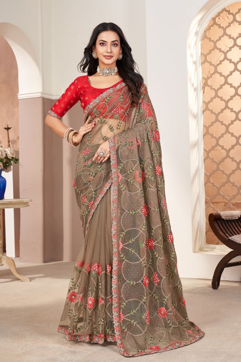 Red Color Net Heavy Embroidery Partywear Saree