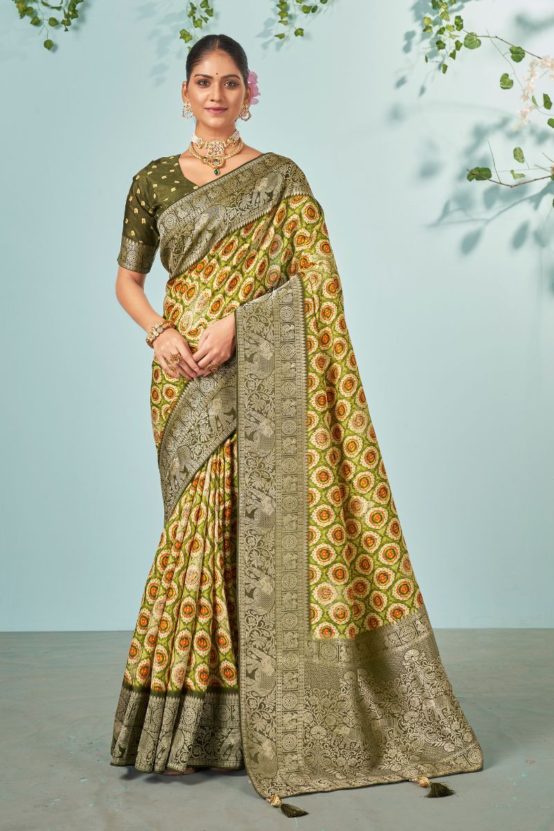 Green Dola Slik Partywear Heavy Saree