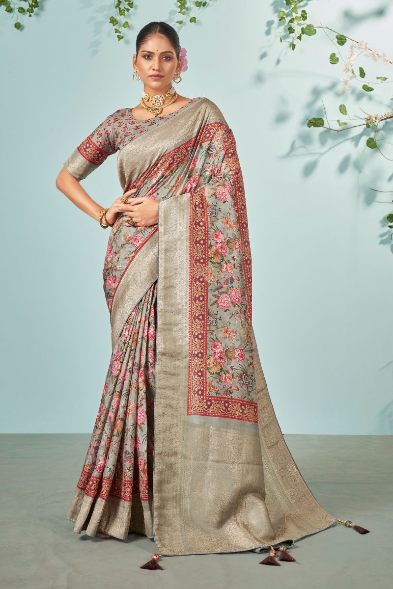 Grey Dola Slik Flower Print Partywear Heavy Saree