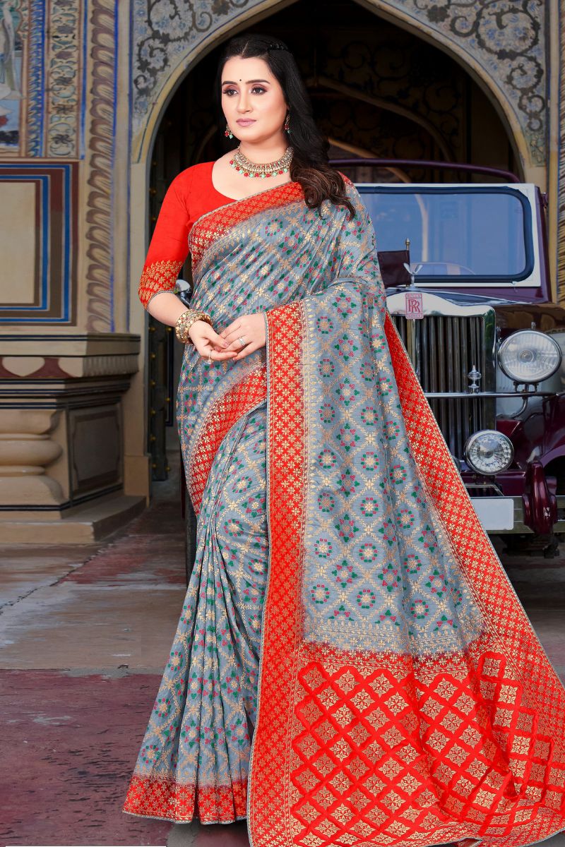 Red & Grey Dola Silk Partywear Saree