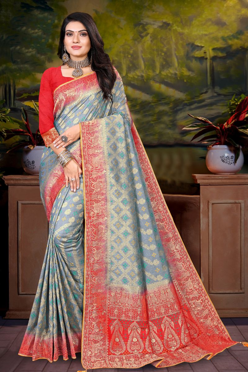 Red & Grey Dola Silk Partywear Self Check Saree