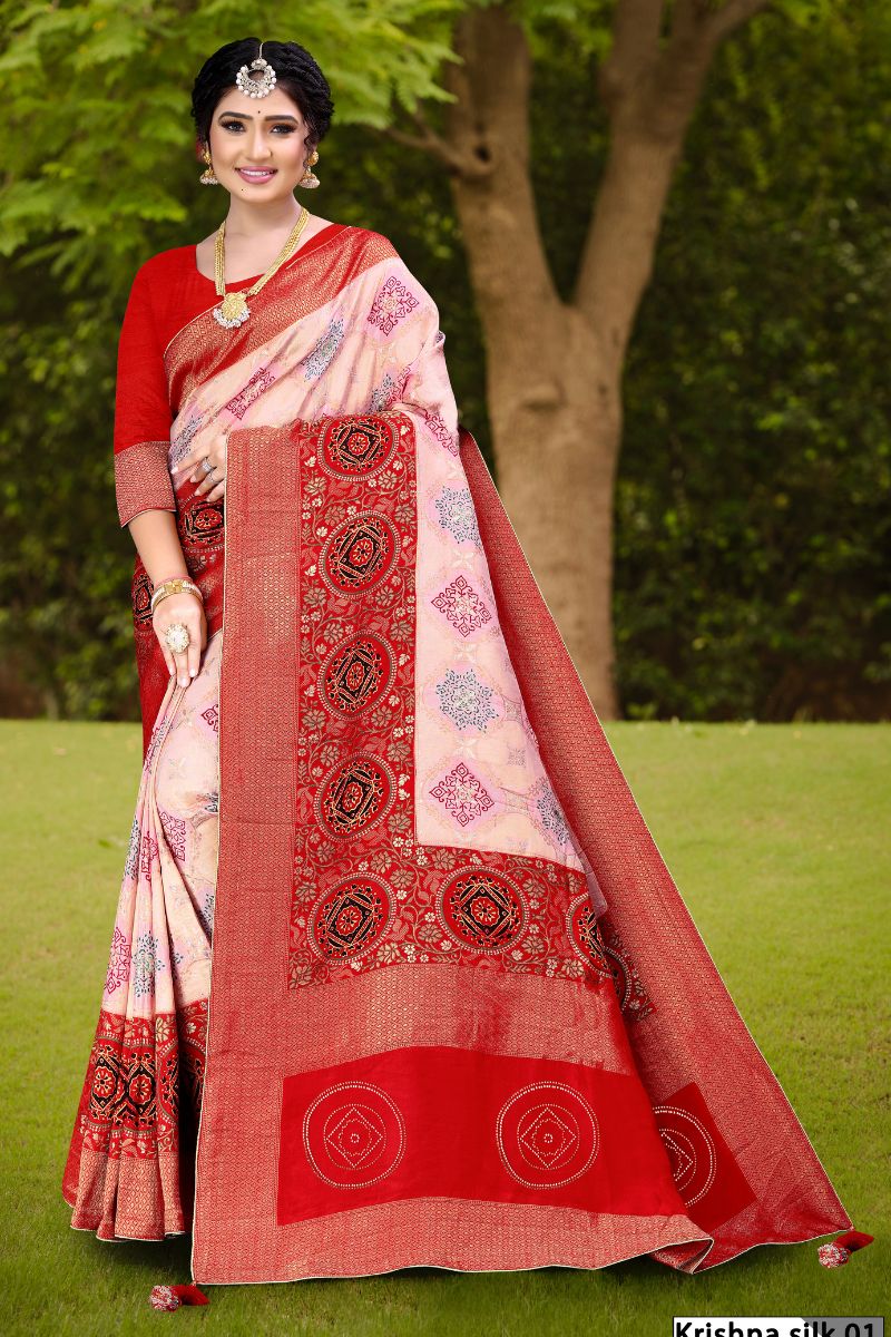 Red & Light Pink Satin Pure Partywear  Saree